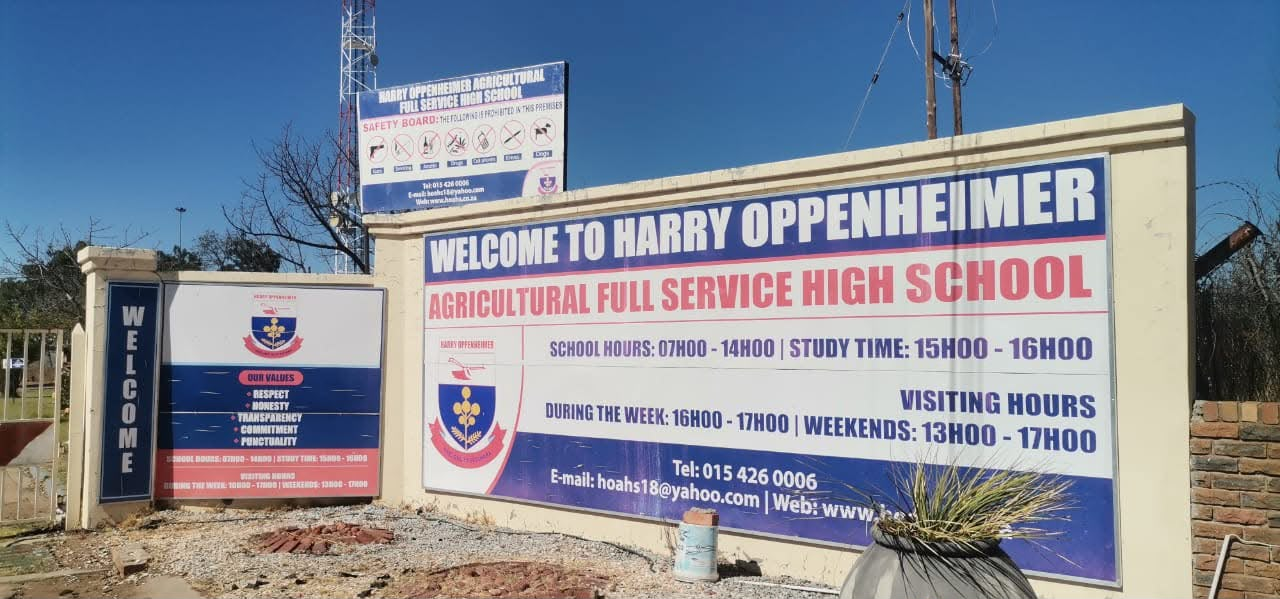 Harry Oppenheimer Agricultural Full Service High School welcome wall and safety board